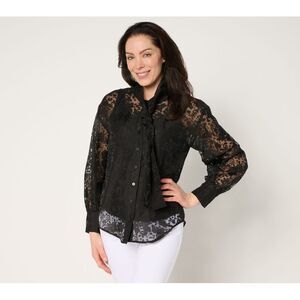 by Stacy London Women's Top Sz S Floral Organza Bow Tie Blouse Black A682297
